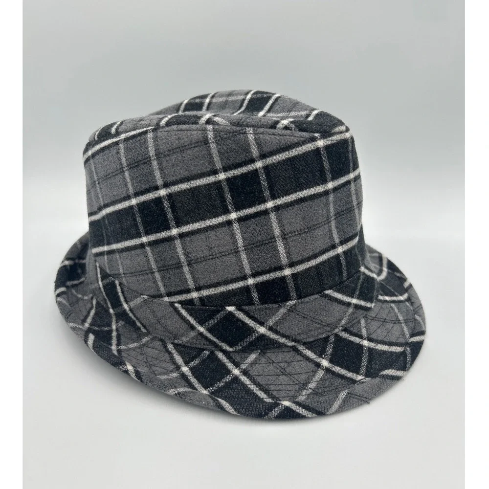 Grey Black Plaid Fedora Hat‎ Classic Tartan Short Brim Unisex Trilby Style